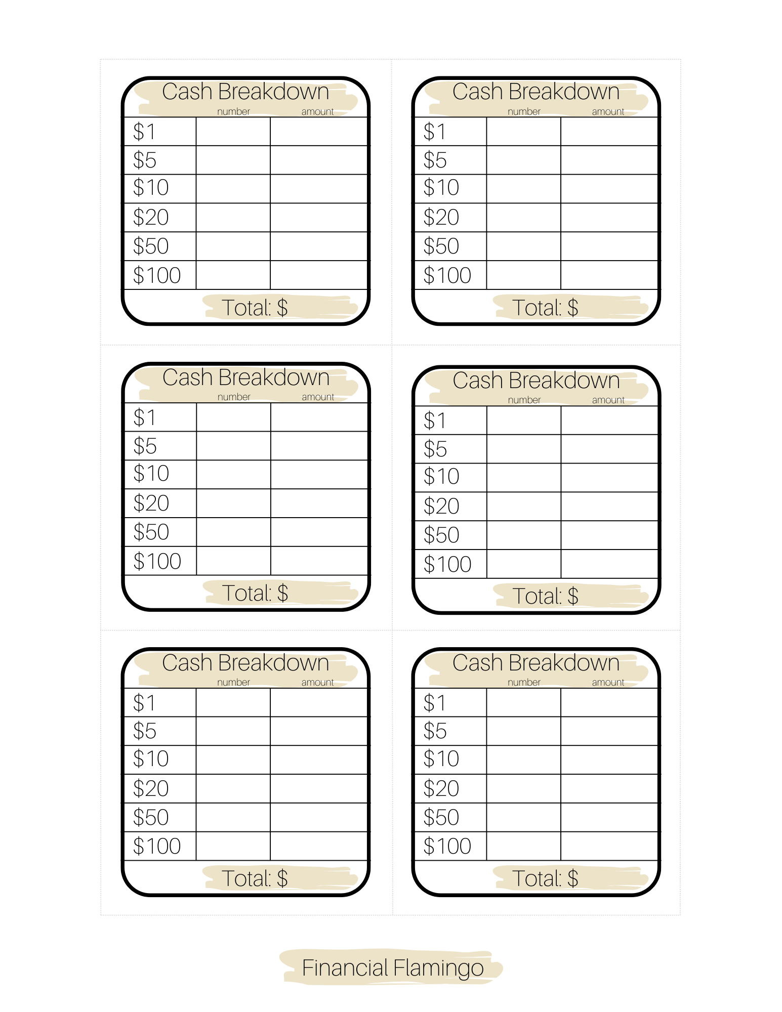 Teller Slip Cash Breakdown BEIGE (Printable)