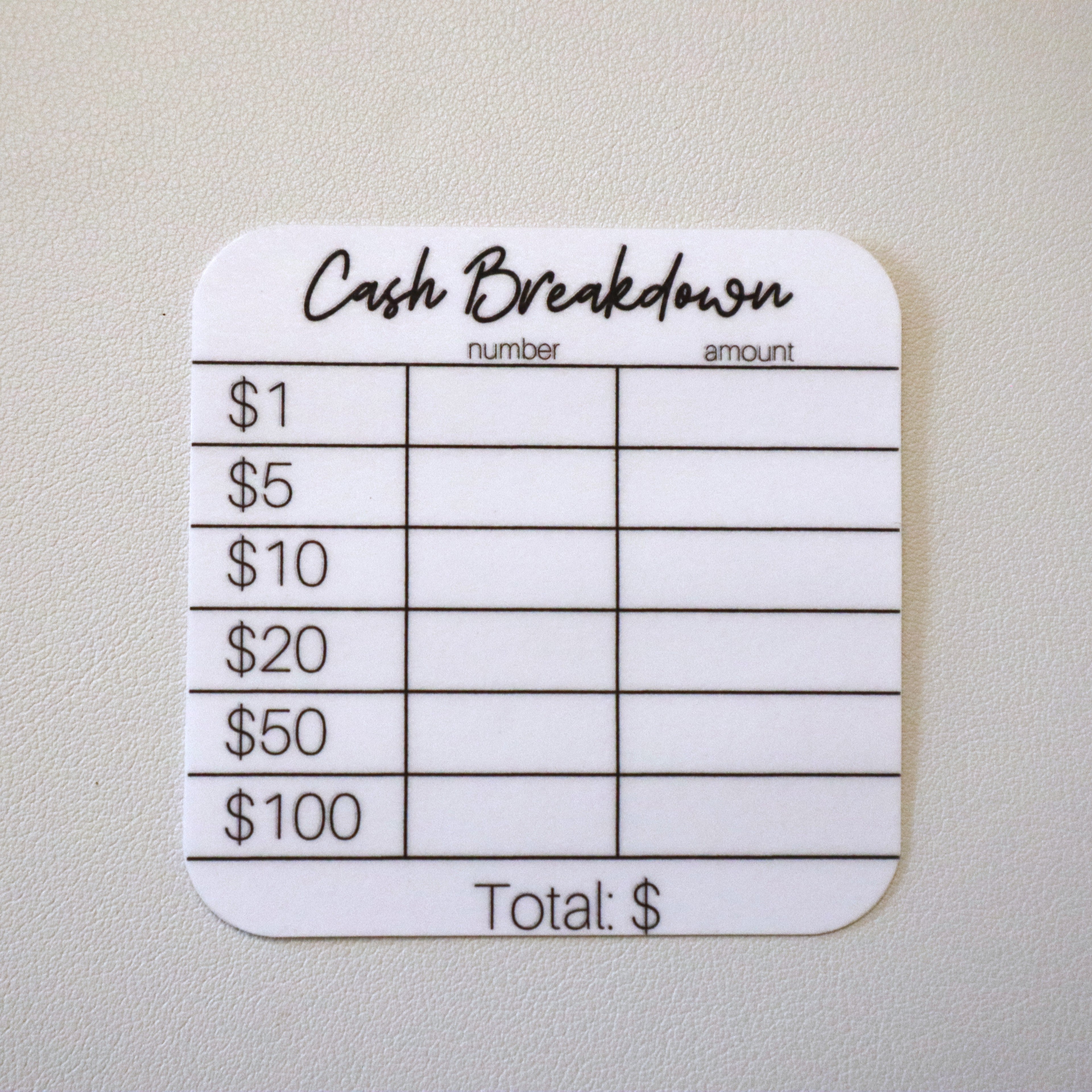 Neutral Teller Slip Reusable Cash Breakdown