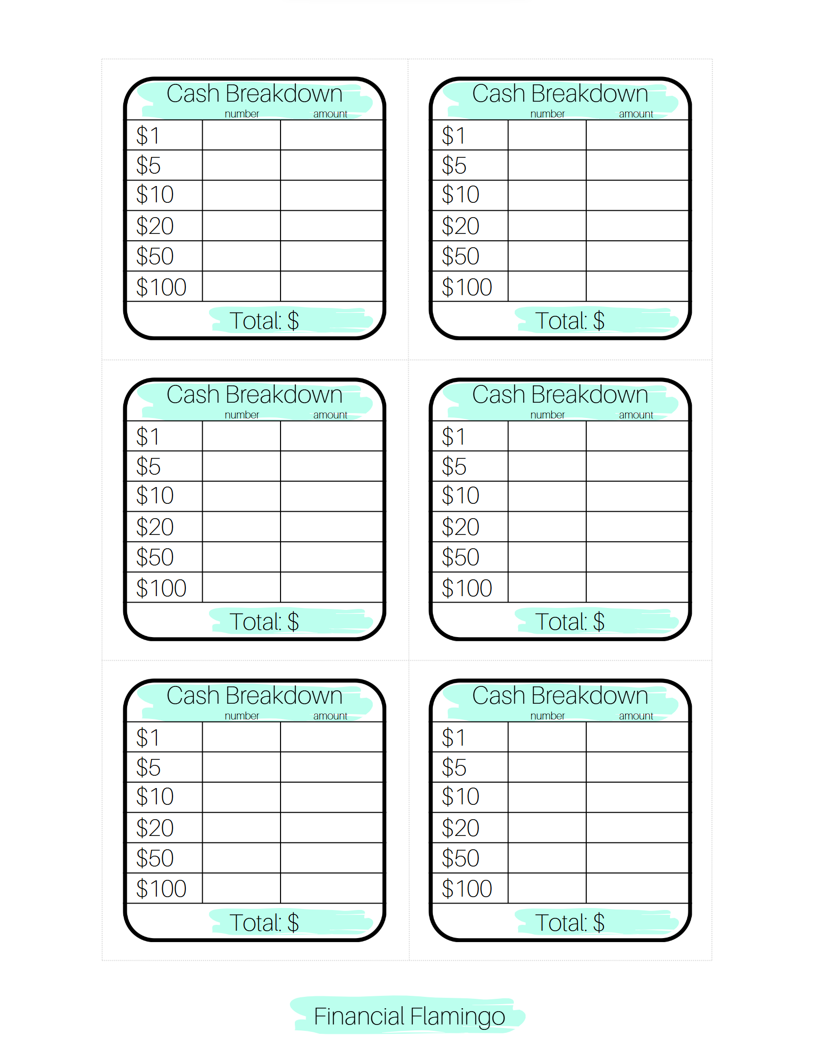 Teller Slip Cash Breakdown (Printable)