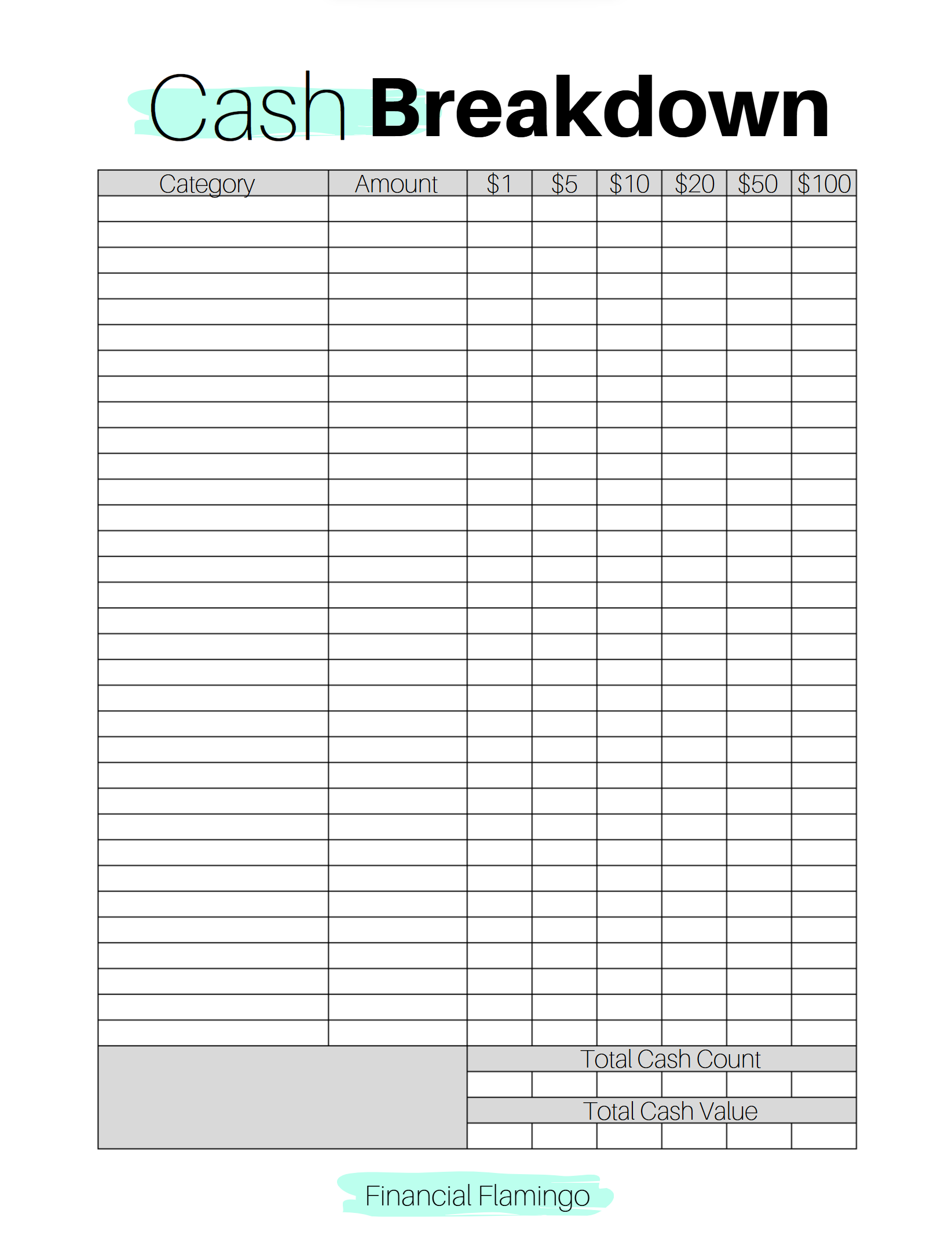 Cash Breakdown Worksheet (Printable)